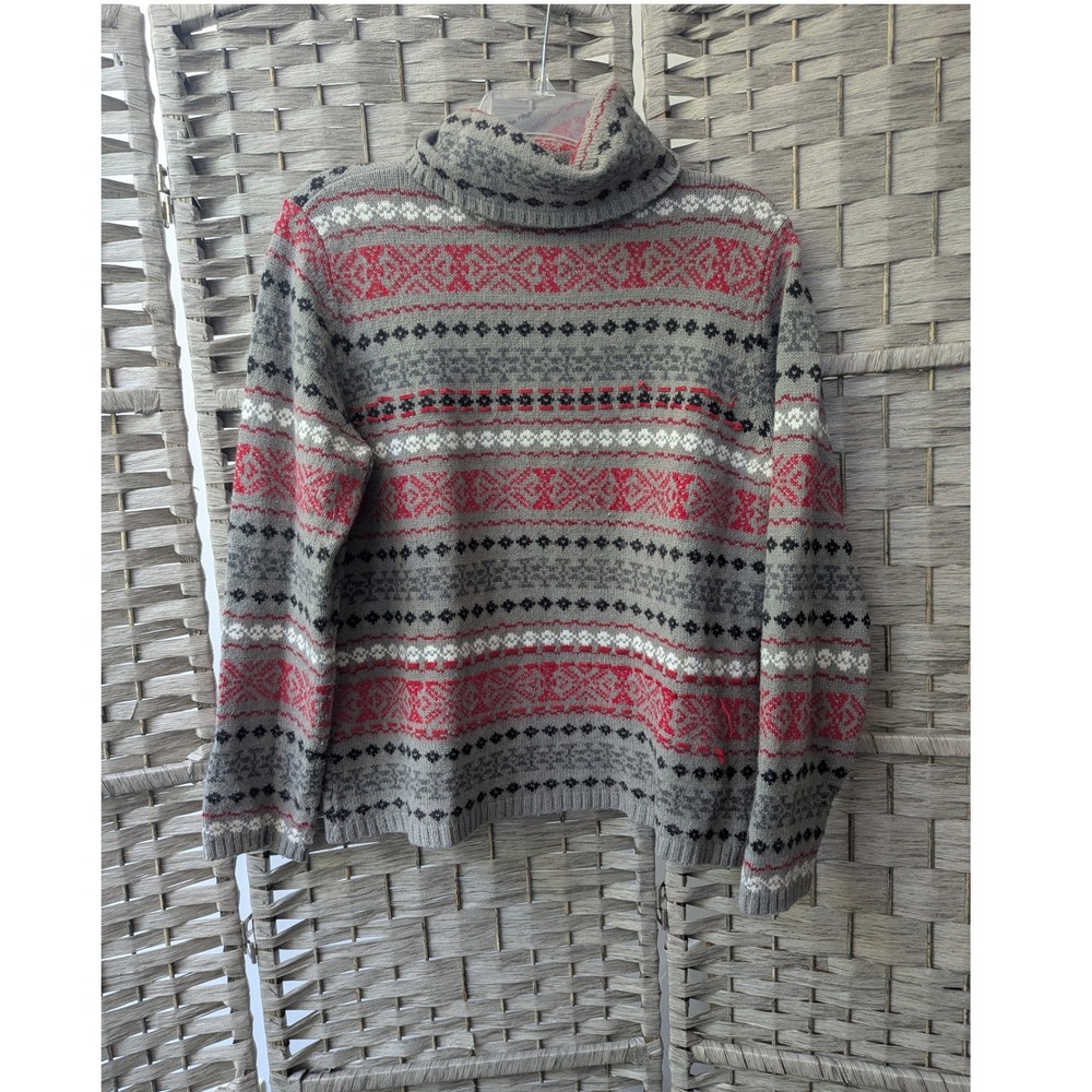 Vtg Turtleneck Sweater Grey Red Fair Isle Knit Wool Blend Sz M Cozy Fall *READ